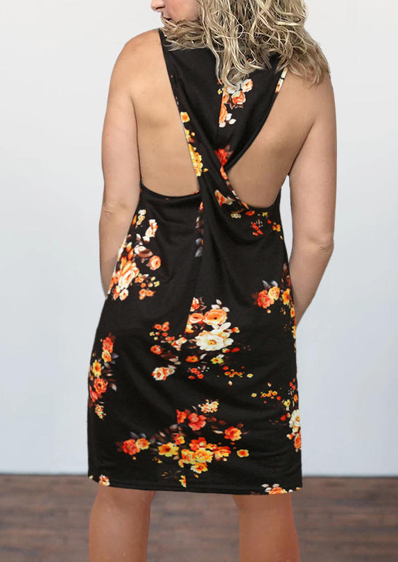 Floral Twist Sleeveless Mini Dress - Black