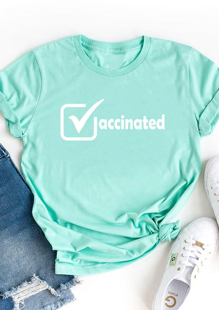 

Vaccinated Short Sleeve O-Neck T-Shirt Tee - Cyan, Blue, 499820