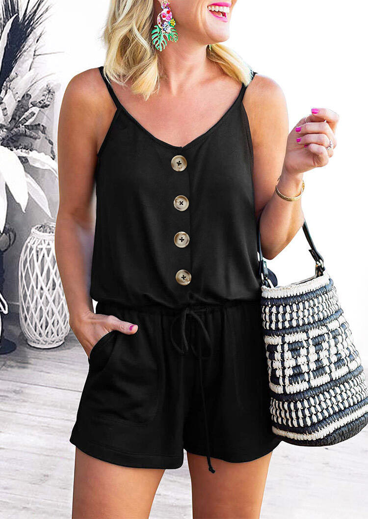 

Button Pocket Drawstring V-Neck Romper - Black, 500056
