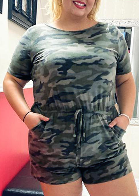 

Plus Size Camouflage Hollow Out Drawstring Pocket Romper, 500057