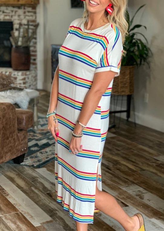 

Colorful Striped Slit O-Neck Midi Dress - White, 500104