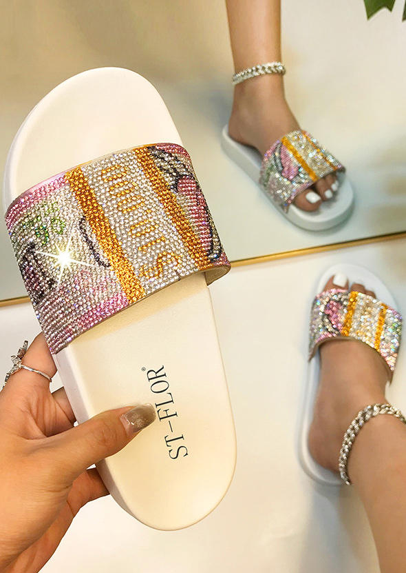

Dollar Money Graphic Rhinestone Flat Slippers - White, 500217