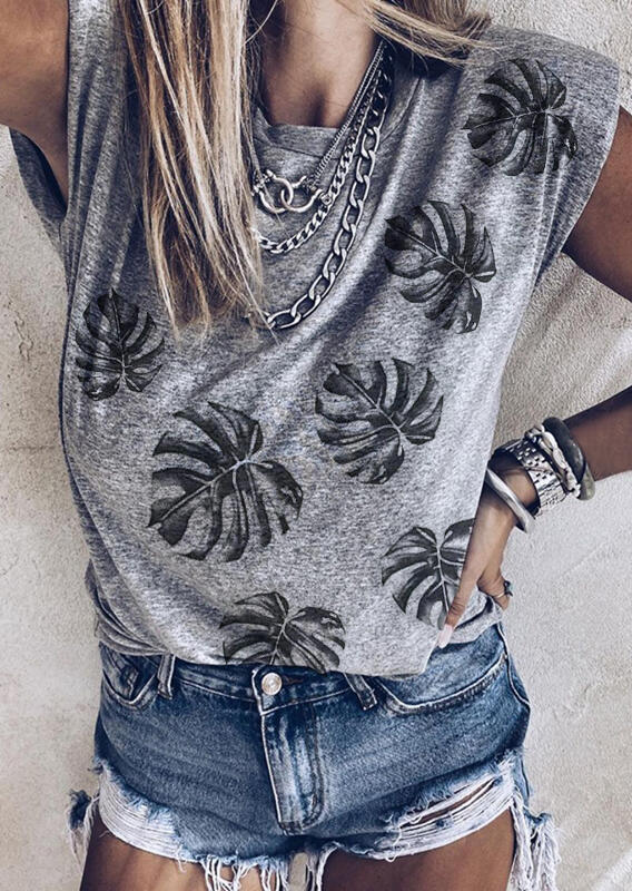 

Palm Leaf O-Neck Tank without Necklace - Gray, 500245