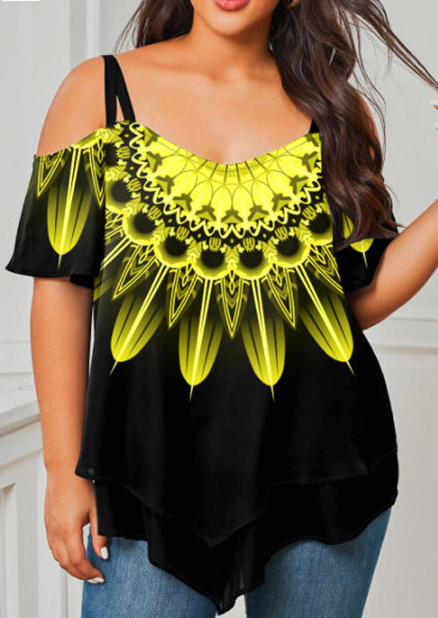 

Plus Size Sunflower Layered Cold Shoulder Blouse - Yellow, 500285
