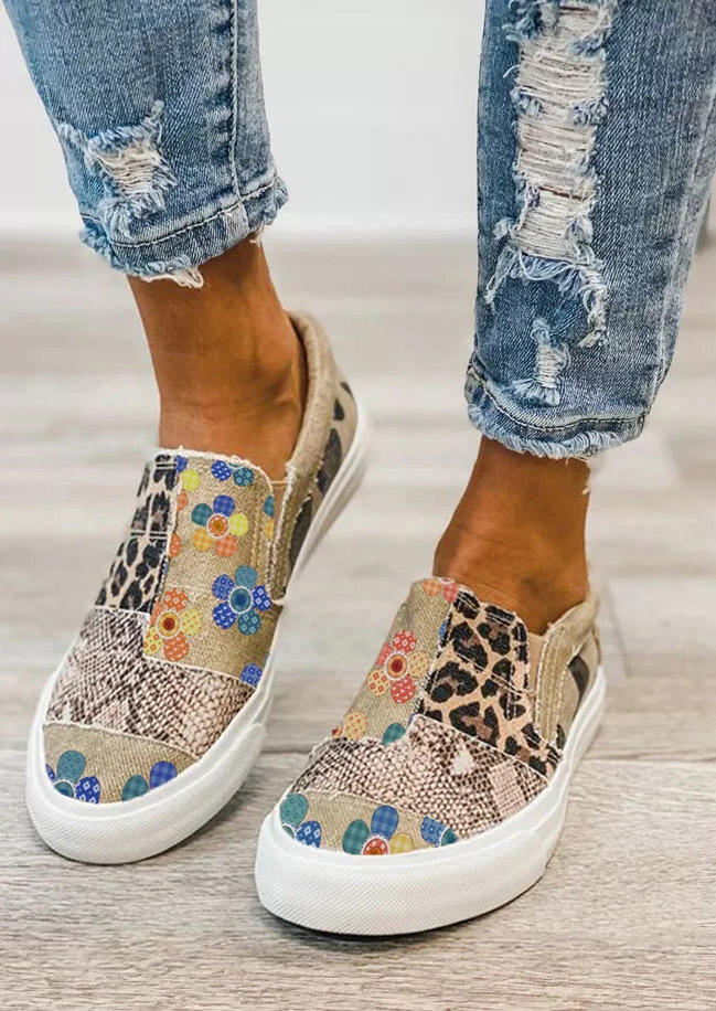 

Sunflower Leopard Snake Skin Splicing Flat Canvas Sneakers, Multicolor, 500290