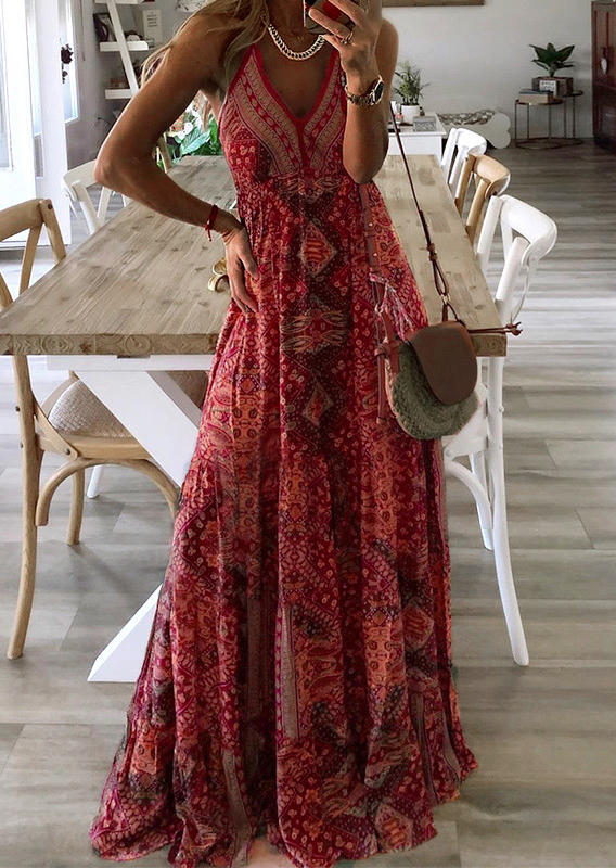

Bohemian Floral Geometric V-Neck Maxi Dress - Red, 499528