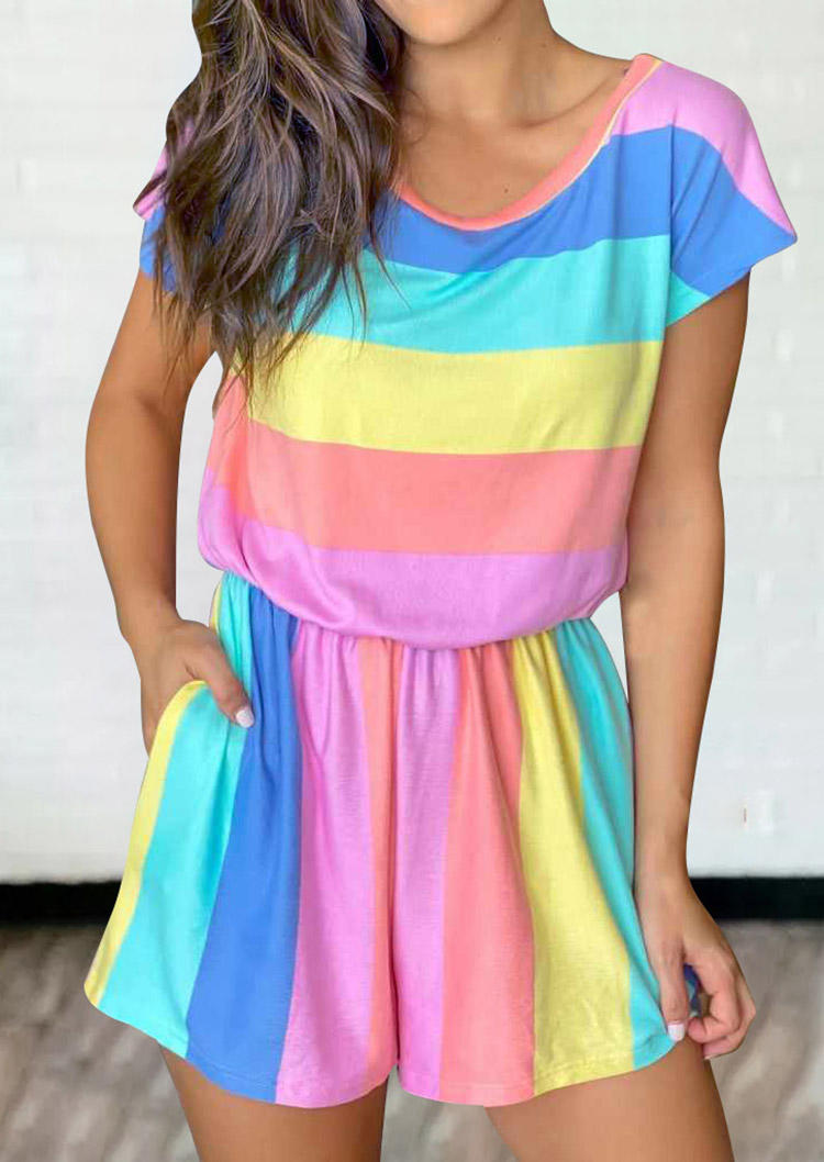

Colorful Striped Elastic Waist Pocket Romper, Multicolor, 500066