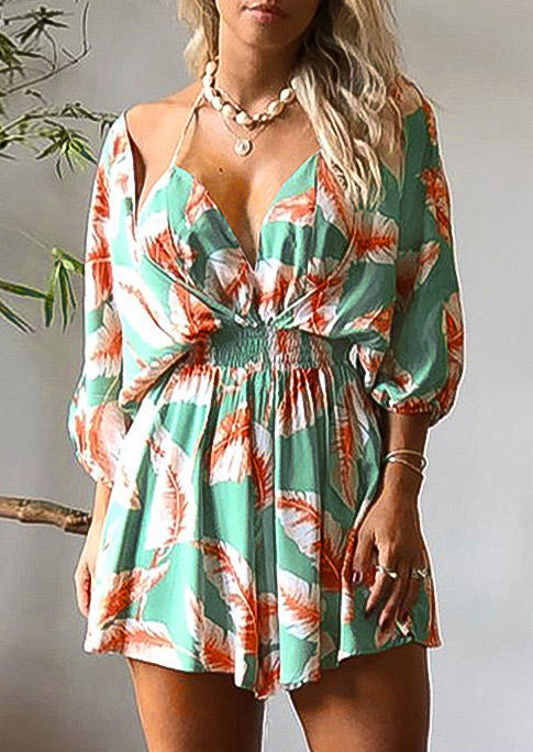 

Leaf Ruffled Elastic Waist Tie Halter Romper - Green, 500122