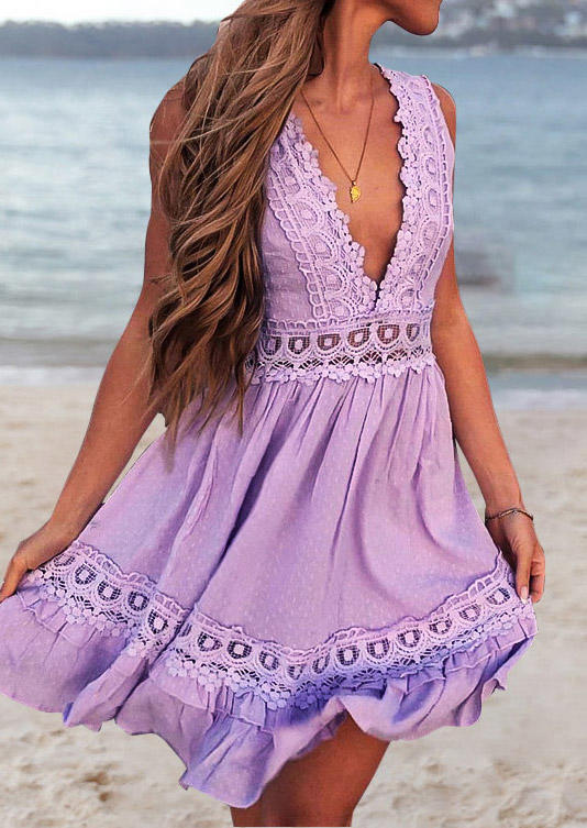 

Lace Splicing Open Back Sleeveless Mini Dress - Purple, 500225