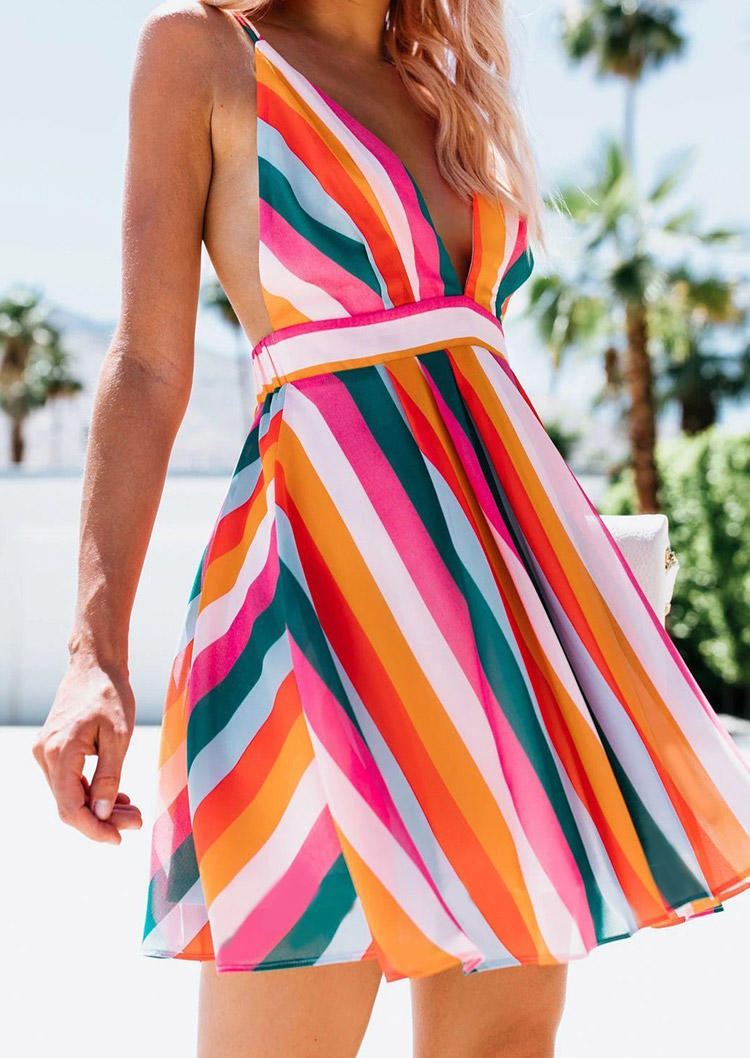 

Rainbow Striped Criss-Cross Open Back V-Neck Mini Dress, Multicolor, 500227