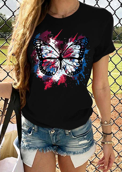 

Butterfly O-Neck Casual T-Shirt Tee - Black, 500280