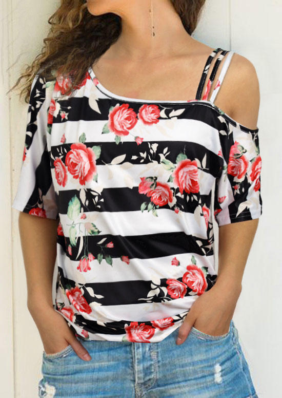 

Floral Striped One Sided Cold Shoulder Blouse, Multicolor, 500287