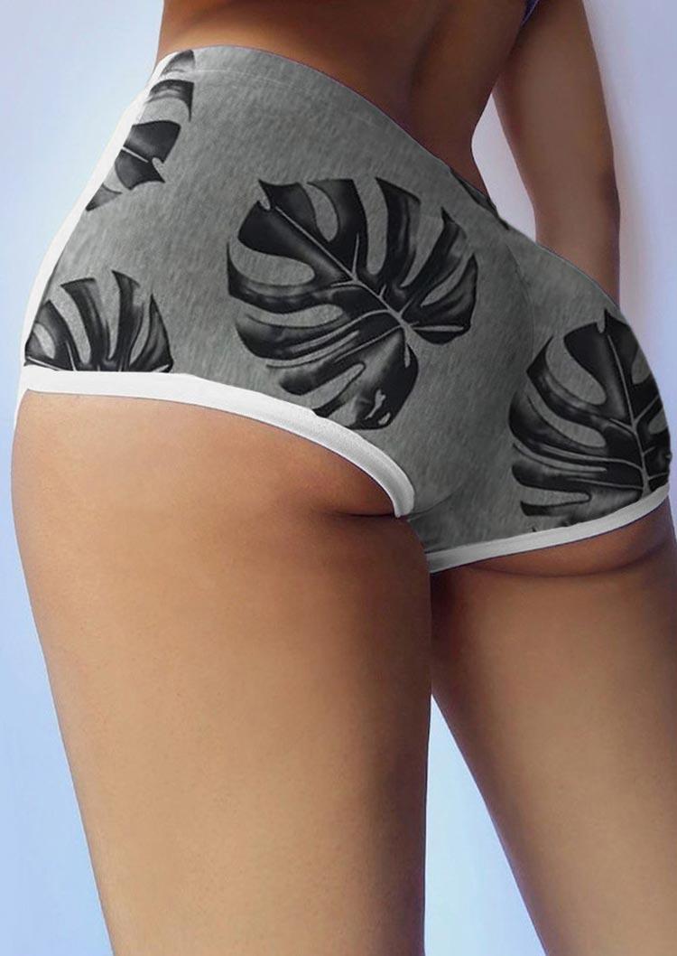 

Palm Leaf Elastic Waist Sports Fitness Booty Shorts - Gray, 500316