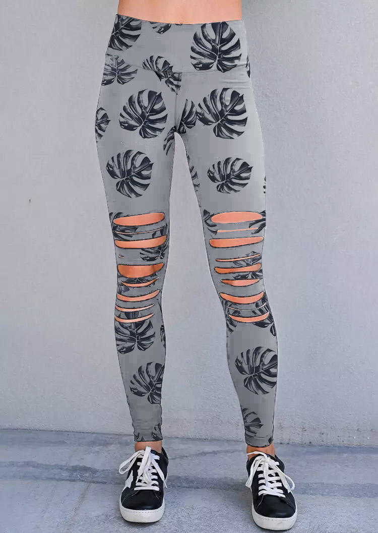 Palm Leaf Hollow Out High Waist Sports Skinny Legging - Gray