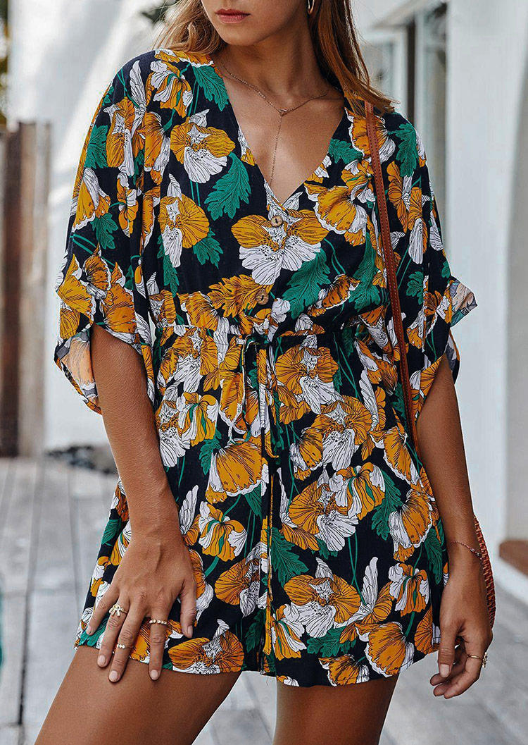 

Floral Leaf Button Drawstring V-Neck Romper - Navy Blue, 500383