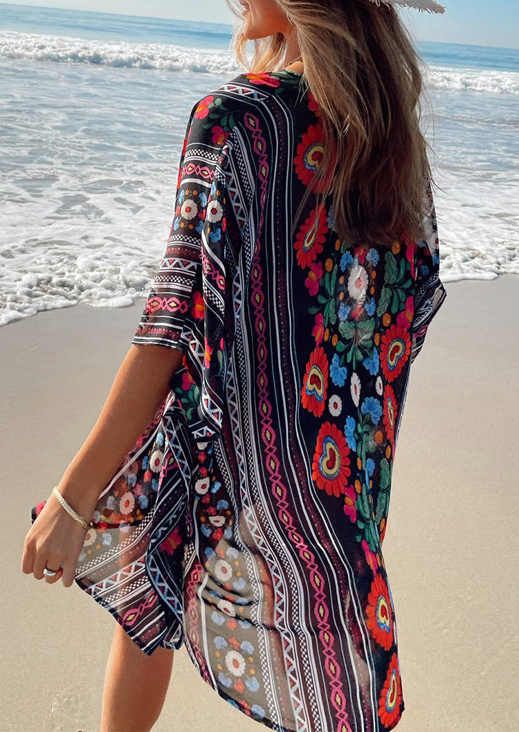 

Ethnic Style Floral Open Front Cardigan, Multicolor, 500463