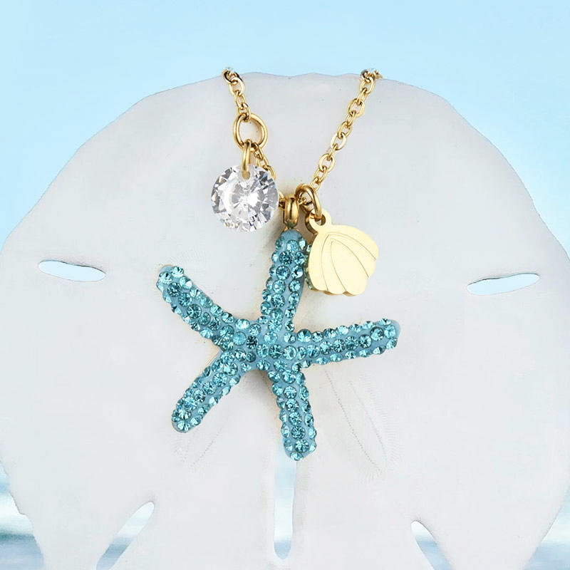 

Beach Starfish Shell Rhinestone Pendant Necklace, Gold, 500239