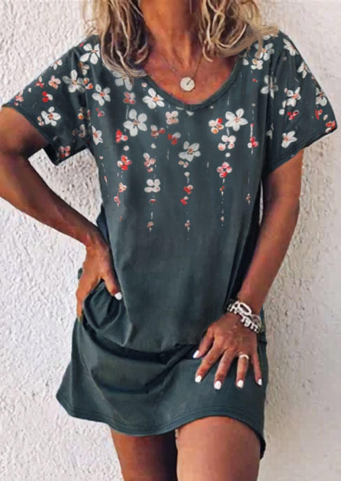 

Floral Short Sleeve Mini Dress - Dark Grey, 500286