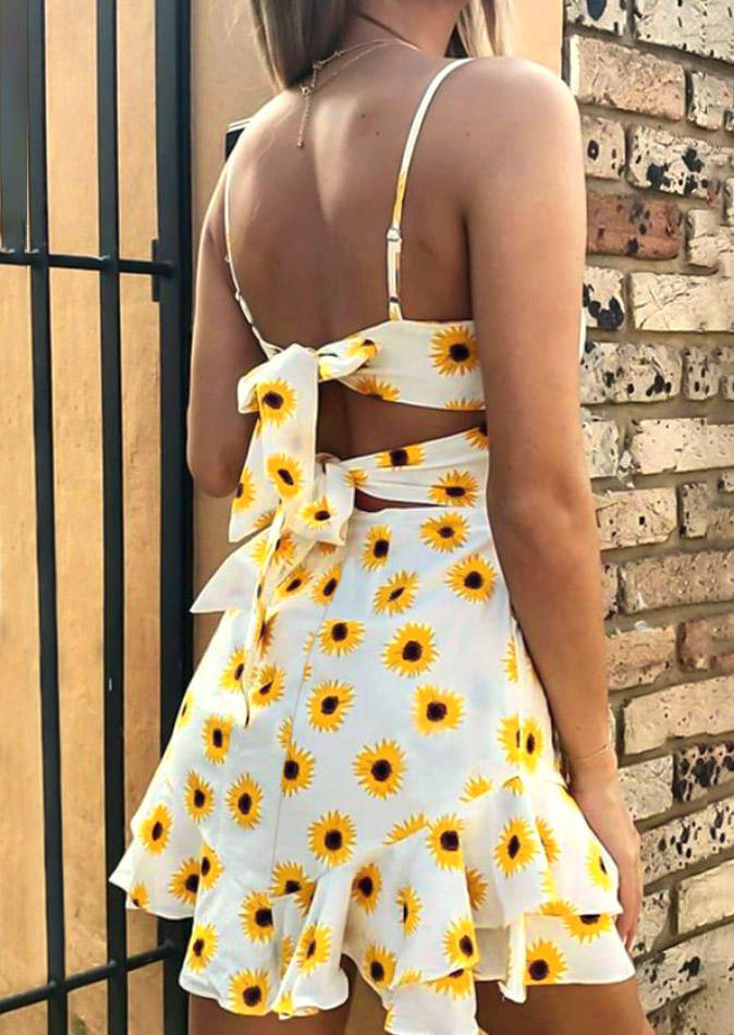 

Sunflower Open Back Tie Adjustable Strap Mini Dress - White, 500288