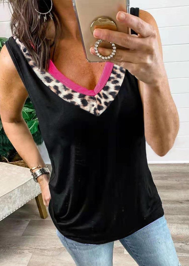 

Leopard Splicing V-Neck Tank - Black, 500337