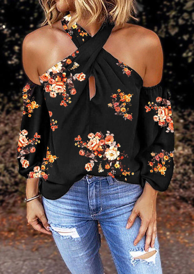 

Floral Criss-Cross Ruffled Cold Shoulder Blouse - Black, 500340