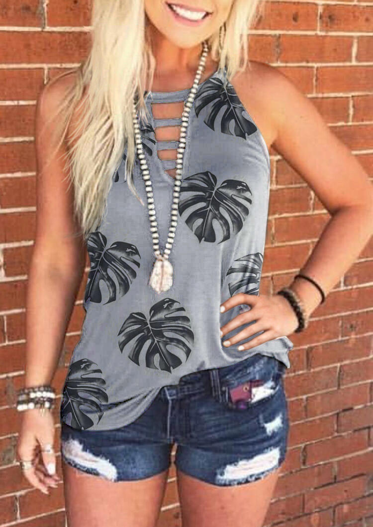 

Palm Leaf Hollow Out Halter Tank - Gray, 500343