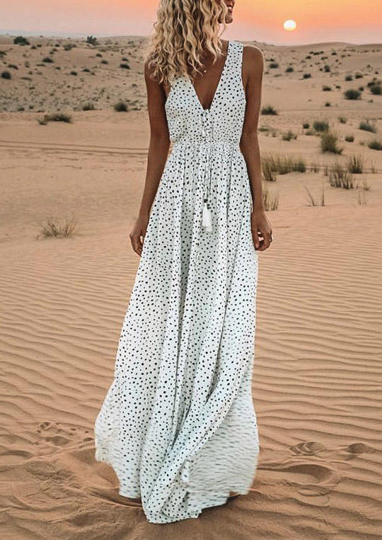 

Polka Dot Tie Tassel Elastic Waist V-Neck Maxi Dress - White, 500379