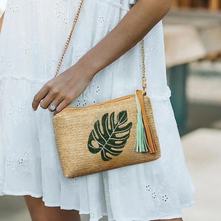 

Palm Leaf Tassel Zipper Straw Woven Crossbody Bag, Light khaki, 500386