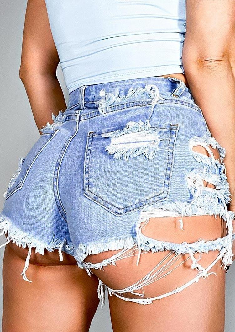 

Ripped Hole Stretchy Denim Shorts - Light Blue, 500414