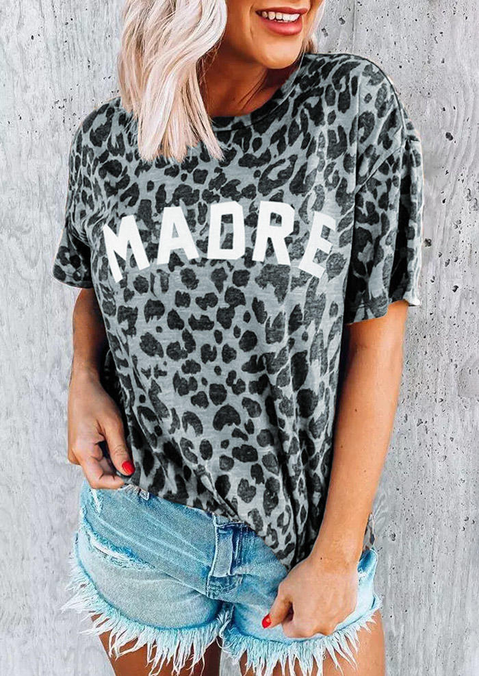 

Leopard Madre O-Neck T-Shirt Tee - Gray, 500482