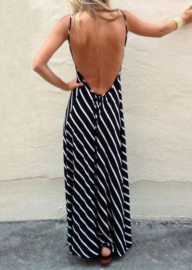 

Striped Open Back Spaghetti Strap Maxi Dress, Stripe, 500560