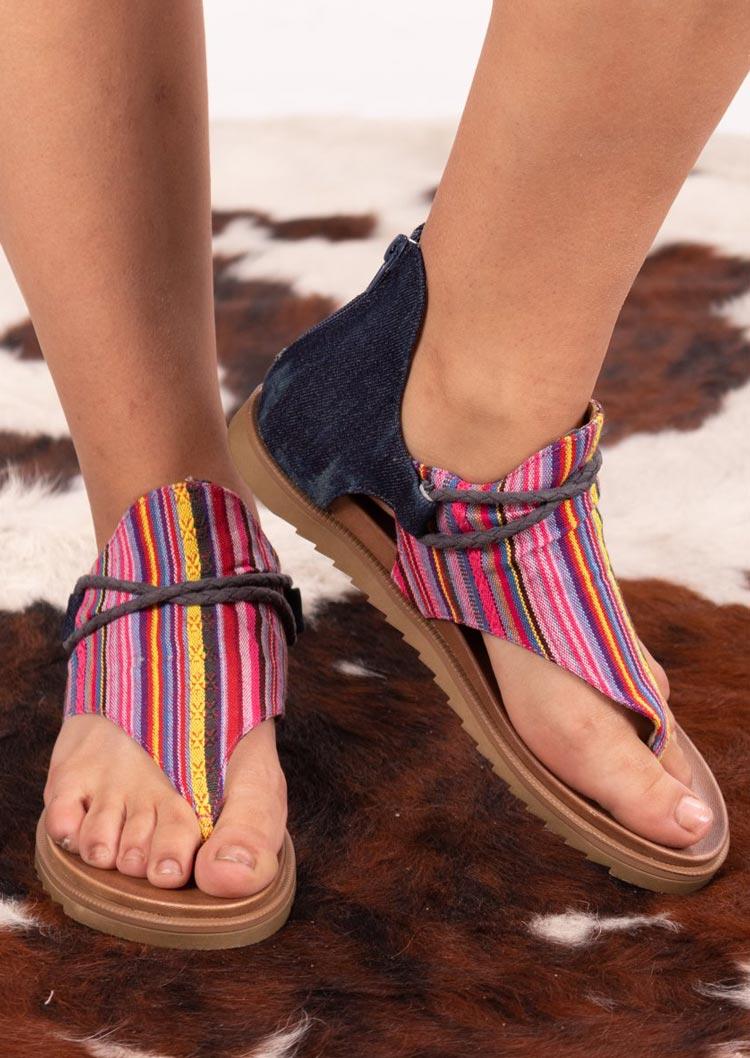 

Summer Women Colorful Striped Zipper Flat Sandals, Multicolor, 500569