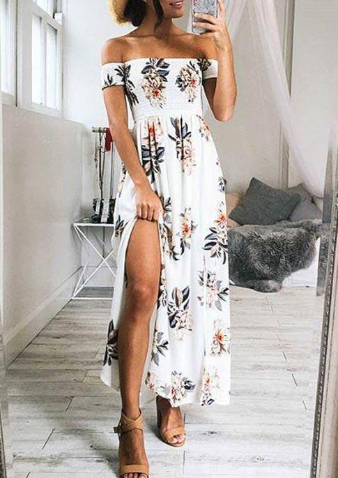 

Floral Ruched Slit Off Shoulder Maxi Dress - White, 500598
