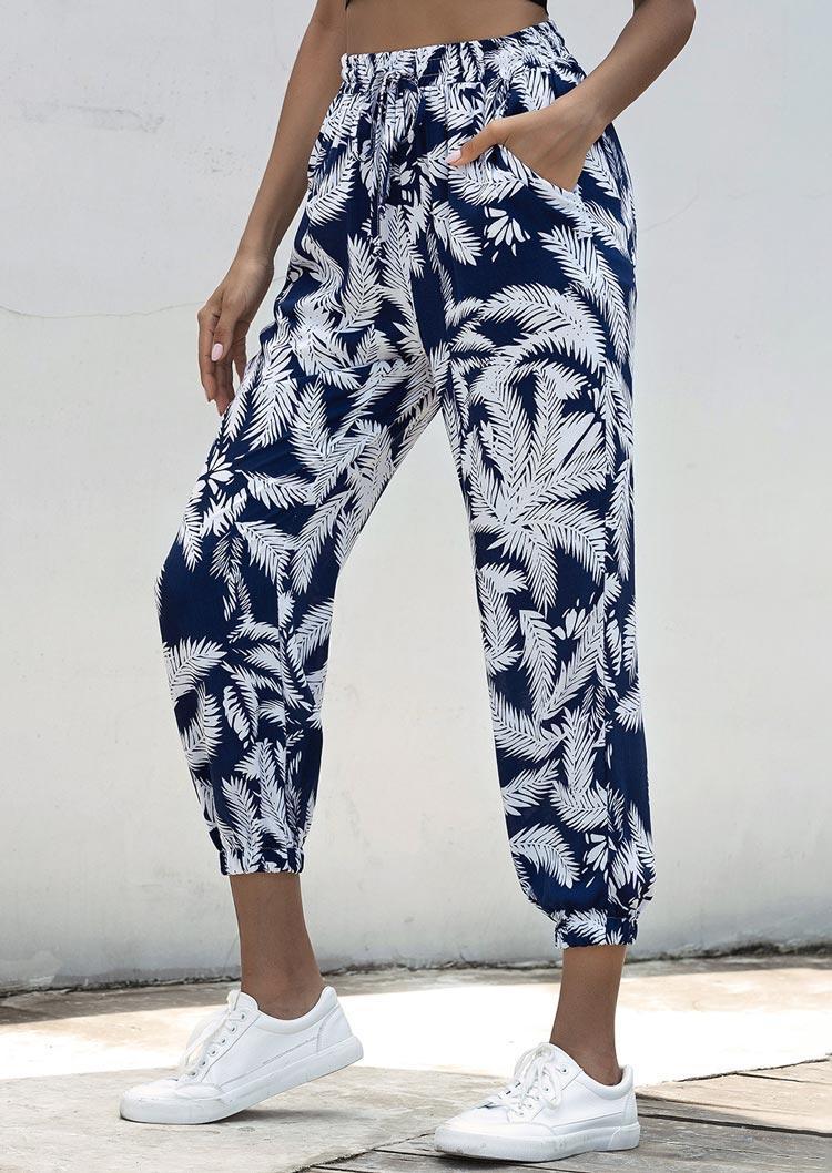 

Palm Leaf Pocket Drawstring High Waist Pants, Multicolor, 500601