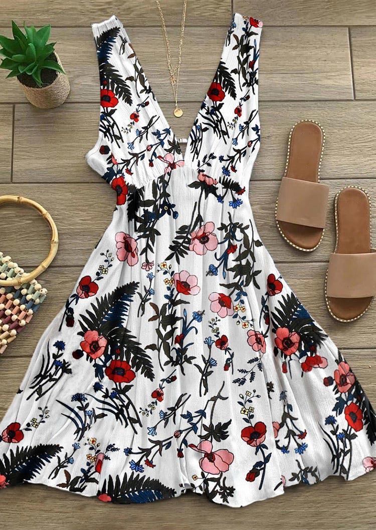 

Floral Ruffled V-Neck Open Back Sleeveless Mini Dress, Multicolor, 498020