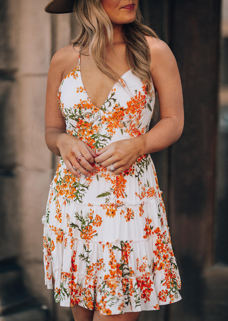 

Floral Ruffled Spaghetti Strap V-Neck Mini Dress - White, 499333