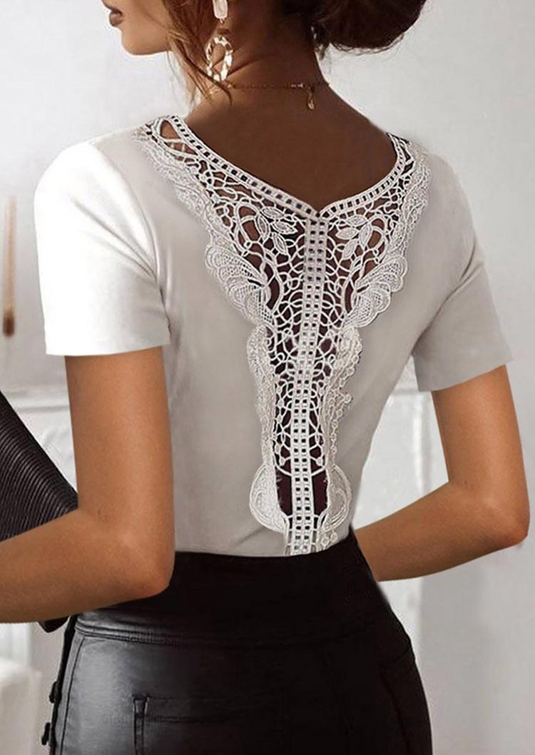 

Open Back Lace Splicing Blouse - White, 499598
