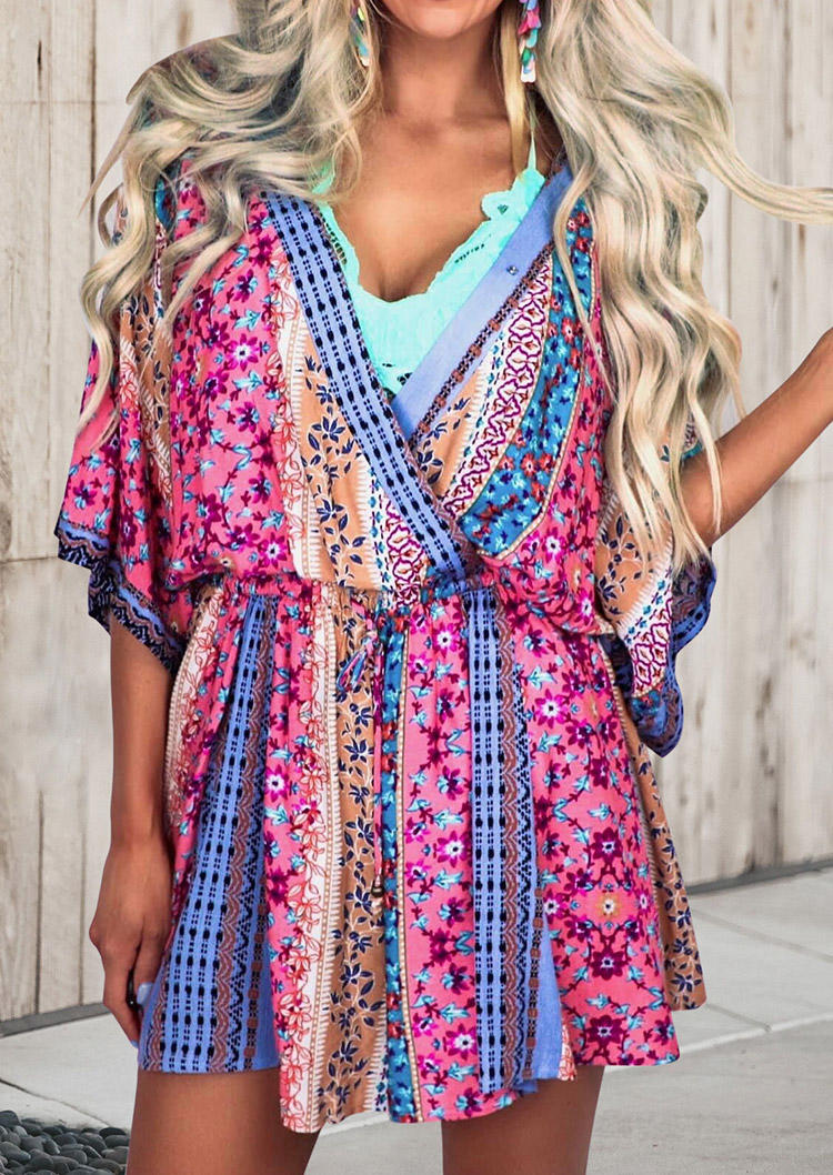 

Floral Drawstring Elastic Waist V-Neck Romper, Multicolor, 500332