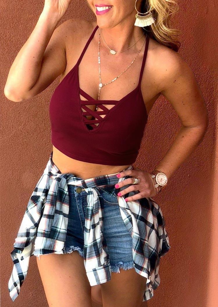 

Criss-Cross Halter Sports Crop Top - Burgundy, 500589