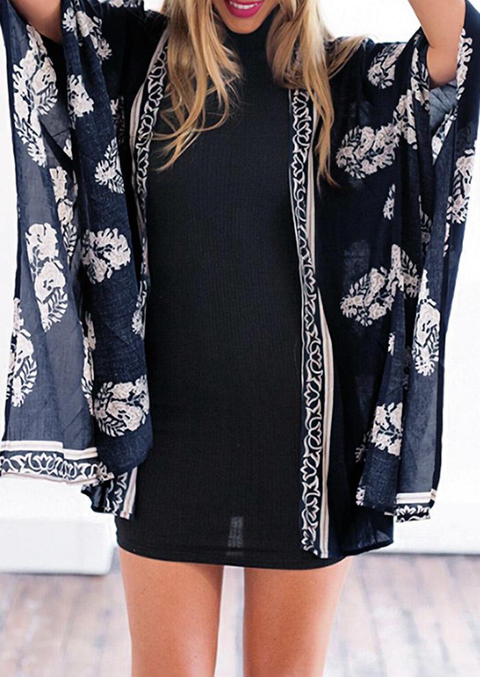 

Palm Leaf Asymmetric Open Front Cardigan - Navy Blue, 500606