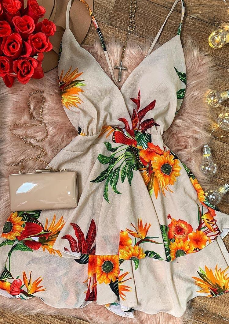 

Sunflower Zipper Adjustable Strap Mini Dress - Beige, 500622