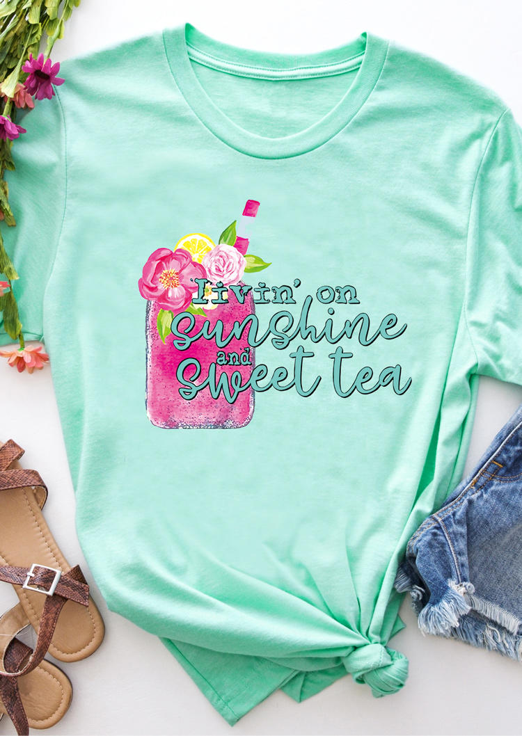 Livin'on Sunshine And Sweet Tea Floral T-Shirt Tee - Light Green