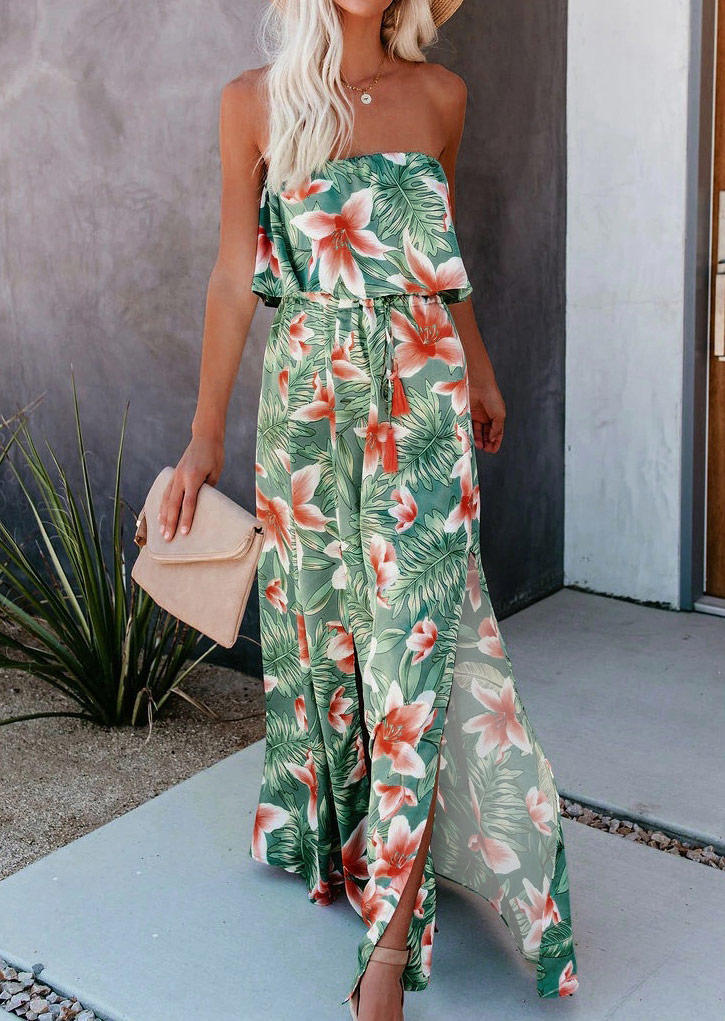 

Floral Palm Leaf Slit Off Shoulder Layered Maxi Dress - Green, 500657