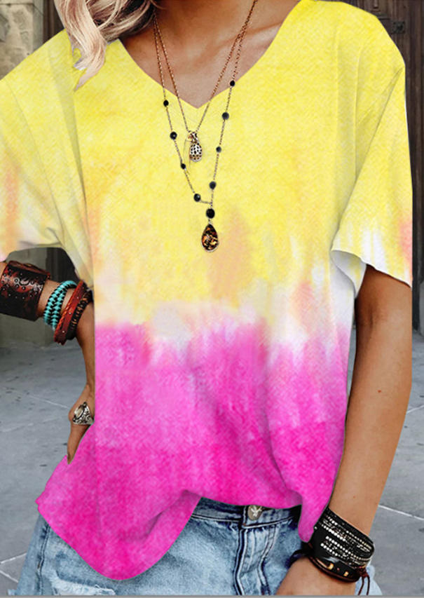 

Tie Dye Gradient V-Neck Blouse - Yellow, 500738