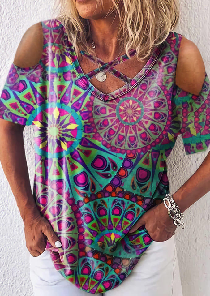 

Mandala Floral Criss-Cross Cold Shoulder Blouse, Multicolor, 500796
