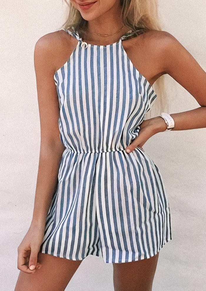

Striped Open Back Elastic Waist Romper, Stripe, 500052