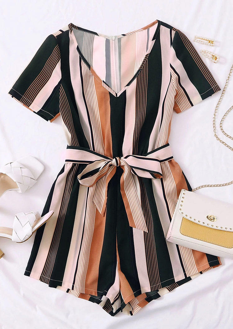 

Striped Zipper Short Sleeve V-Neck Romper, Stripe, 500536