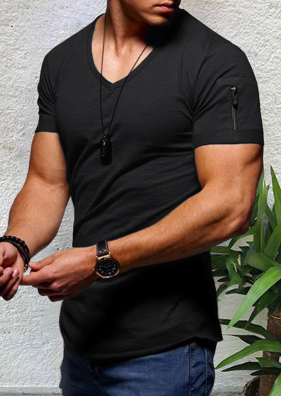 

Men Zipper Short Sleeve V-Neck T-Shirt Tee - Black, 500599