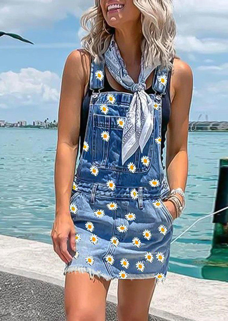 

Daisy Pocket Button Denim Overall Mini Dress - Blue, 500620