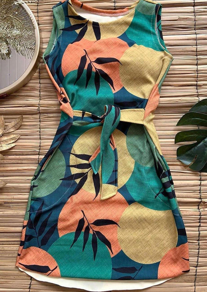 

Leaf Tie Pocket Sleeveless Mini Dress, Multicolor, 500641